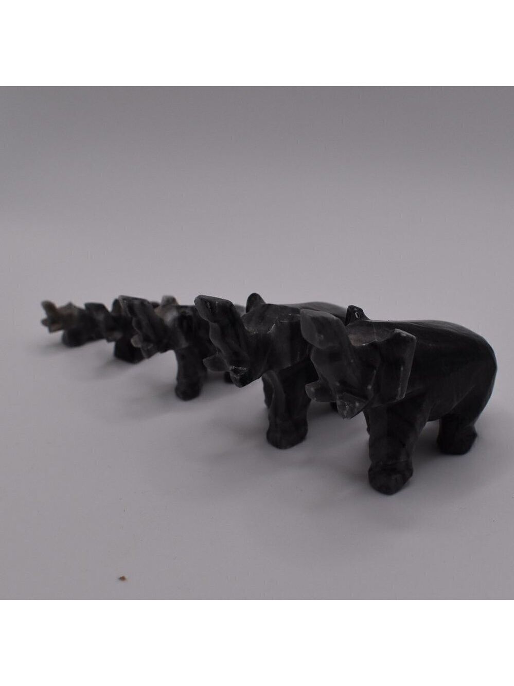 Set of 5 Hand Carved Elephant Figurines Black Marble Stone Graduated Sizes
